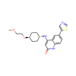 COCCO[C@H]1CC[C@H](Nc2cc(=O)[nH]c3ccc(-c4cncs4)cc23)CC1 ZINC000299851626