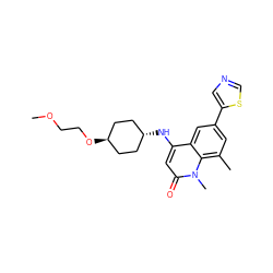 COCCO[C@H]1CC[C@H](Nc2cc(=O)n(C)c3c(C)cc(-c4cncs4)cc23)CC1 ZINC000299852198