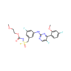 COCCOC(=O)N=[S@](C)(=O)Cc1cc(F)cc(Nc2ncc(F)c(-c3ccc(F)cc3OC)n2)c1 ZINC000206909271