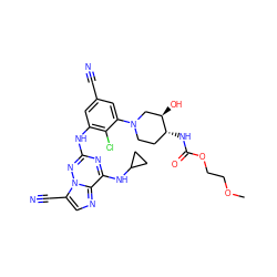 COCCOC(=O)N[C@@H]1CCN(c2cc(C#N)cc(Nc3nc(NC4CC4)c4ncc(C#N)n4n3)c2Cl)C[C@H]1O ZINC000169711921