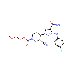 COCCOC(=O)N1CC[C@@H](n2cc(C(N)=O)c(Nc3ccc(F)cc3)n2)[C@H](C#N)C1 ZINC000205056131