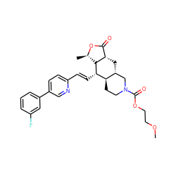 COCCOC(=O)N1CC[C@@H]2[C@H](C[C@H]3C(=O)O[C@H](C)[C@H]3[C@H]2/C=C/c2ccc(-c3cccc(F)c3)cn2)C1 ZINC000028712095