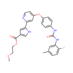 COCCOC(=O)c1c[nH]c(-c2cc(Oc3ccc(NC(=O)Nc4cc(C)ccc4F)cc3)ccn2)c1 ZINC000116235717