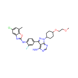 COCCOC1CCC(n2nc(-c3ccc(Nc4nc5cc(Cl)cc(C)c5o4)c(F)c3)c3c(N)ncnc32)CC1 ZINC000063540209