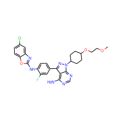 COCCOC1CCC(n2nc(-c3ccc(Nc4nc5cc(Cl)ccc5o4)c(F)c3)c3c(N)ncnc32)CC1 ZINC000063540207