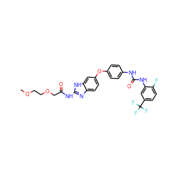 COCCOCC(=O)Nc1nc2ccc(Oc3ccc(NC(=O)Nc4cc(C(F)(F)F)ccc4F)cc3)cc2[nH]1 ZINC000014965603