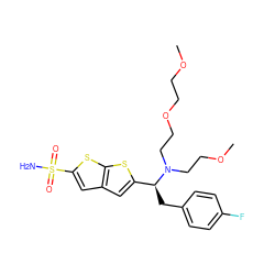 COCCOCCN(CCOC)[C@@H](Cc1ccc(F)cc1)c1cc2cc(S(N)(=O)=O)sc2s1 ZINC000013822178