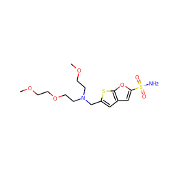 COCCOCCN(CCOC)Cc1cc2cc(S(N)(=O)=O)oc2s1 ZINC000013726344