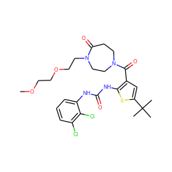 COCCOCCN1CCN(C(=O)c2cc(C(C)(C)C)sc2NC(=O)Nc2cccc(Cl)c2Cl)CCC1=O ZINC000073199497