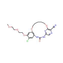 COCCOCCOc1cc2c(cc1Cl)NC(=O)Nc1cnc(C#N)c(n1)OCCCCCO2 ZINC000014958204