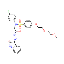 COCCOCCOc1ccc(S(=O)(=O)N(CC(=O)N/N=C2\C(=O)Nc3ccccc32)c2ccc(Cl)cc2)cc1 ZINC000028566108