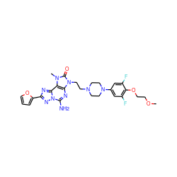 COCCOc1c(F)cc(N2CCN(CCn3c(=O)n(C)c4c3nc(N)n3nc(-c5ccco5)nc43)CC2)cc1F ZINC000148689840