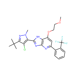 COCCOc1cc(-c2ccccc2C(F)(F)F)nc2nc(-c3c(Cl)c(C(C)(C)C)nn3C)[nH]c12 ZINC000118910303