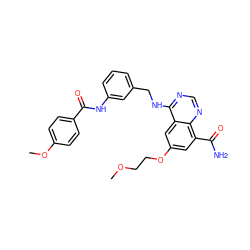 COCCOc1cc(C(N)=O)c2ncnc(NCc3cccc(NC(=O)c4ccc(OC)cc4)c3)c2c1 ZINC000114346505