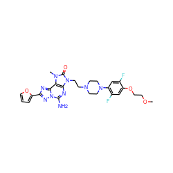 COCCOc1cc(F)c(N2CCN(CCn3c(=O)n(C)c4c3nc(N)n3nc(-c5ccco5)nc43)CC2)cc1F ZINC000148690039