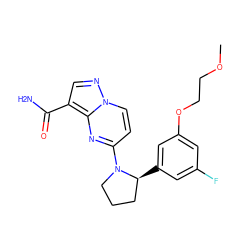 COCCOc1cc(F)cc([C@H]2CCCN2c2ccn3ncc(C(N)=O)c3n2)c1 ZINC000169704175