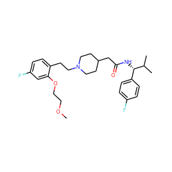 COCCOc1cc(F)ccc1CCN1CCC(CC(=O)N[C@@H](c2ccc(F)cc2)C(C)C)CC1 ZINC000200037170