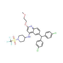 COCCOc1cc(NC2CCN(S(=O)(=O)C(F)(F)F)CC2)c2cc(C(c3ccc(Cl)cc3)c3ccc(Cl)cc3)ccc2n1 ZINC001772643567