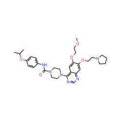 COCCOc1cc2c(N3CCN(C(=O)Nc4ccc(OC(C)C)cc4)CC3)ncnc2cc1OCCN1CCCC1 ZINC000027209560