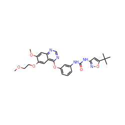 COCCOc1cc2c(Oc3cccc(NC(=O)Nc4cc(C(C)(C)C)on4)c3)ncnc2cc1OC ZINC000072180815