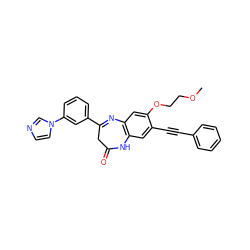 COCCOc1cc2c(cc1C#Cc1ccccc1)NC(=O)CC(c1cccc(-n3ccnc3)c1)=N2 ZINC000101455656