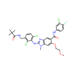 COCCOc1cc2c(cc1C(=O)Nc1ccc(F)c(Cl)c1)nc(Nc1c(Cl)ccc(CNC(=O)C(C)(C)C)c1Cl)n2C ZINC000169703153