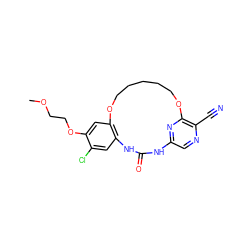 COCCOc1cc2c(cc1Cl)NC(=O)Nc1cnc(C#N)c(n1)OCCCCCO2 ZINC000014958199