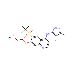 COCCOc1cc2nccc(Nc3[nH]nc(C)c3C)c2cc1S(=O)(=O)C(C)(C)C ZINC000147123613