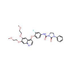 COCCOc1cc2nccc(Oc3ccc(NC(=O)N4CCN(c5ccccc5)C4=O)cc3F)c2cc1OCCOC ZINC000049695437