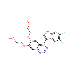 COCCOc1cc2ncnc(-c3c[nH]c4cc(F)c(Cl)cc34)c2cc1OCCOC ZINC000040406948