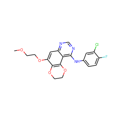 COCCOc1cc2ncnc(Nc3ccc(F)c(Cl)c3)c2c2c1OCCO2 ZINC000653905146