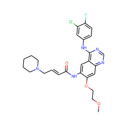 COCCOc1cc2ncnc(Nc3ccc(F)c(Cl)c3)c2cc1NC(=O)/C=C/CN1CCCCC1 ZINC000214018947