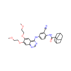 COCCOc1cc2ncnc(Nc3ccc(NC(=O)C45CC6CC(CC(C6)C4)C5)c(C#N)c3)c2cc1OCCOC ZINC000653707856