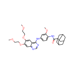 COCCOc1cc2ncnc(Nc3ccc(NC(=O)C45CC6CC(CC(C6)C4)C5)c(OC)c3)c2cc1OCCOC ZINC000653707739