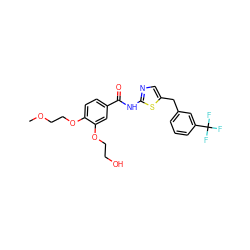 COCCOc1ccc(C(=O)Nc2ncc(Cc3cccc(C(F)(F)F)c3)s2)cc1OCCO ZINC000043013566