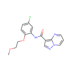 COCCOc1ccc(Cl)cc1NC(=O)c1cnn2cccnc12 ZINC000113653222