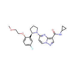 COCCOc1ccc(F)cc1[C@H]1CCCN1c1ccn2ncc(C(=O)NC3CC3)c2n1 ZINC000115191522