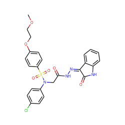 COCCOc1ccc(S(=O)(=O)N(CC(=O)N/N=C2\C(=O)Nc3ccccc32)c2ccc(Cl)cc2)cc1 ZINC000028529456