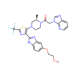 COCCOc1ccc2[nH]c(-c3nc(C(F)(F)F)sc3N3CCN(C(=O)Cn4cnc5cccnc54)[C@H](C)C3)nc2c1 ZINC000143783909