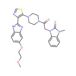 COCCOc1ccc2[nH]c(-c3ncsc3N3CCN(C(=O)Cn4c(=O)n(C)c5ccccc54)CC3)nc2c1 ZINC000143713657