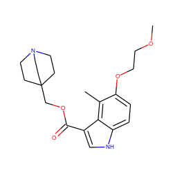 COCCOc1ccc2[nH]cc(C(=O)OCC34CCN(CC3)CC4)c2c1C ZINC001772581765