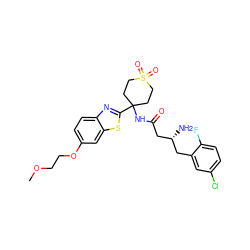 COCCOc1ccc2nc(C3(NC(=O)C[C@H](N)Cc4cc(Cl)ccc4F)CCS(=O)(=O)CC3)sc2c1 ZINC000042851678