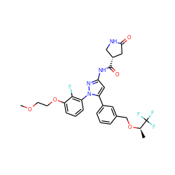 COCCOc1cccc(-n2nc(NC(=O)[C@@H]3CNC(=O)C3)cc2-c2cccc(CO[C@H](C)C(F)(F)F)c2)c1F ZINC000169707394