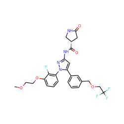 COCCOc1cccc(-n2nc(NC(=O)[C@@H]3CNC(=O)C3)cc2-c2cccc(COCC(F)(F)F)c2)c1F ZINC000169707390