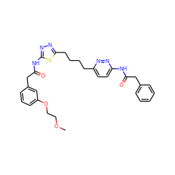 COCCOc1cccc(CC(=O)Nc2nnc(CCCCc3ccc(NC(=O)Cc4ccccc4)nn3)s2)c1 ZINC000169698330