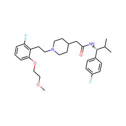 COCCOc1cccc(F)c1CCN1CCC(CC(=O)N[C@@H](c2ccc(F)cc2)C(C)C)CC1 ZINC000200040857