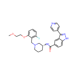 COCCOc1cccc(F)c1CN1CCC[C@@H](NC(=O)c2ccc3[nH]nc(-c4ccncc4)c3c2)C1 ZINC000205014864