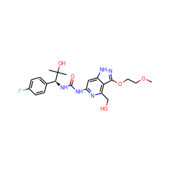 COCCOc1n[nH]c2cc(NC(=O)N[C@@H](c3ccc(F)cc3)C(C)(C)O)nc(CO)c12 ZINC001772628174