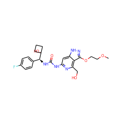 COCCOc1n[nH]c2cc(NC(=O)N[C@@H](c3ccc(F)cc3)C3(O)CCC3)nc(CO)c12 ZINC001772570551