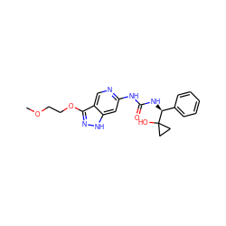 COCCOc1n[nH]c2cc(NC(=O)N[C@@H](c3ccccc3)C3(O)CC3)ncc12 ZINC001772652903